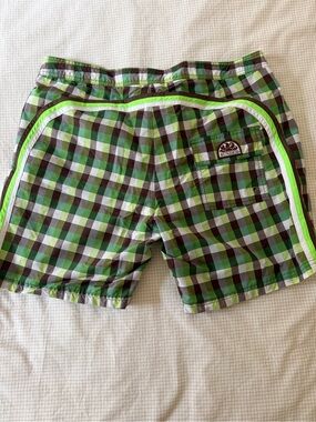 Sundek Green Plaid Swim Shorts with Neon Trim